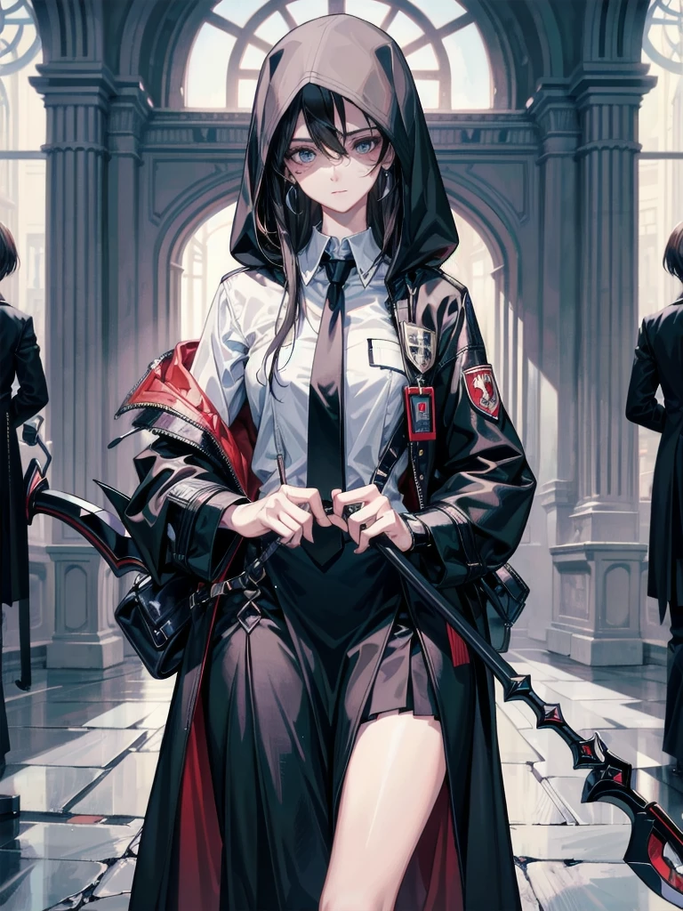 absurdres, RAW photo, extremely delicate and beautiful, masterpiece, Best Quality, ultra high resolution, 32k, hyperrealistic, ultra-detailed, perfect anatomy, anatomically correct, perfect figure, Perfect Style, Perfect balance, super Detailed skin, in her 30s, very Slim body, narrow waist, very small head, very small face, delicate facial features, handsome detailed woman, very detailed eyes and face, realistic face proportions, Realistic beautiful face, Realistic beautiful eyes, tearful mole, earring, big tits, whole body shot, medium hair, indoor, grim reaper, hooded figure with a scythe, school_uniform, blazer, shirt, skirt, tie,