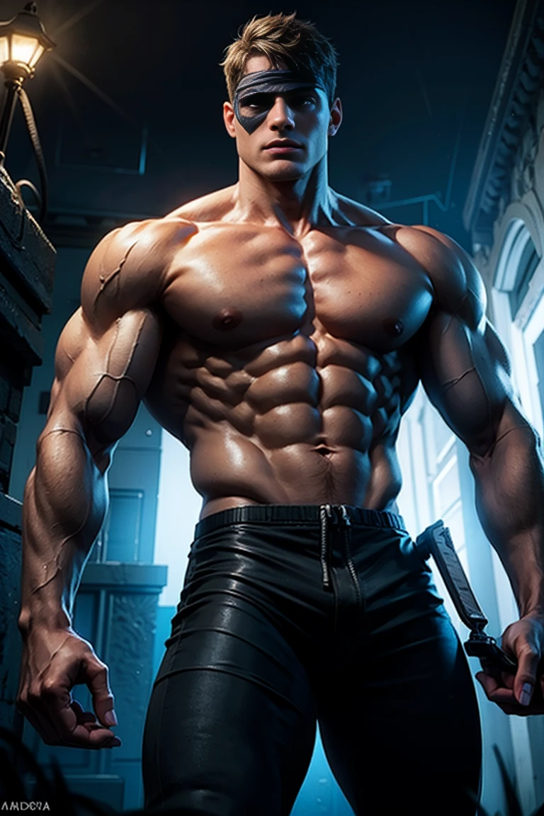 a muscular shirtless masked man standing in a dark room at night, holding a knife, hyperrealistic, highly detailed, dramatic lighting, cinematic composition, moody atmosphere, 8k, unreal engine, award winning photography