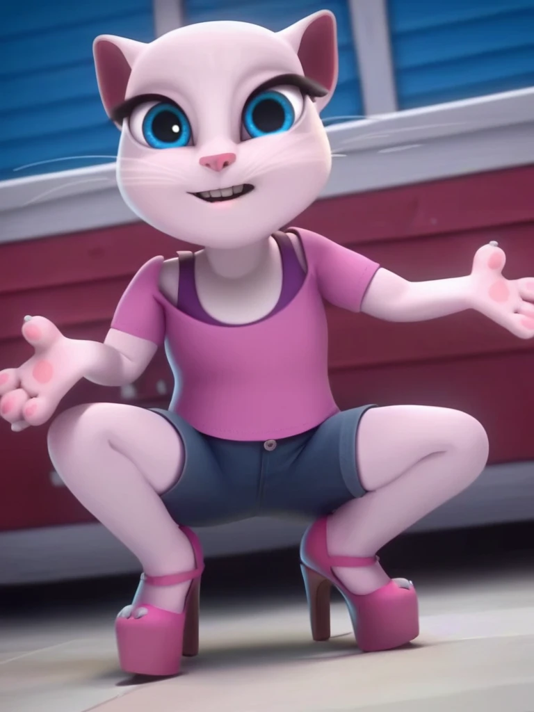 solo focus, a_la, 1girl, cat, white fur, long whiskers on each side of face, large brilliant blue eyes, large black eyelashes, small pink nose, triangular ears with pink canals, small breasts,     looking at viewer, squatting, front view, spreading legs, platform high heels, score_9, score_8_up, score_7_up, quitándose la ropa