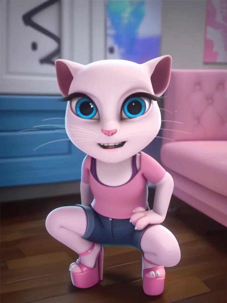 solo focus, a_la, 1girl, cat, white fur, long whiskers on each side of face, large brilliant blue eyes, large black eyelashes, small pink nose, triangular ears with pink canals, small breasts,     looking at viewer, squatting, front view, spreading legs, platform high heels, score_9, score_8_up, score_7_up, quitándose la ropa