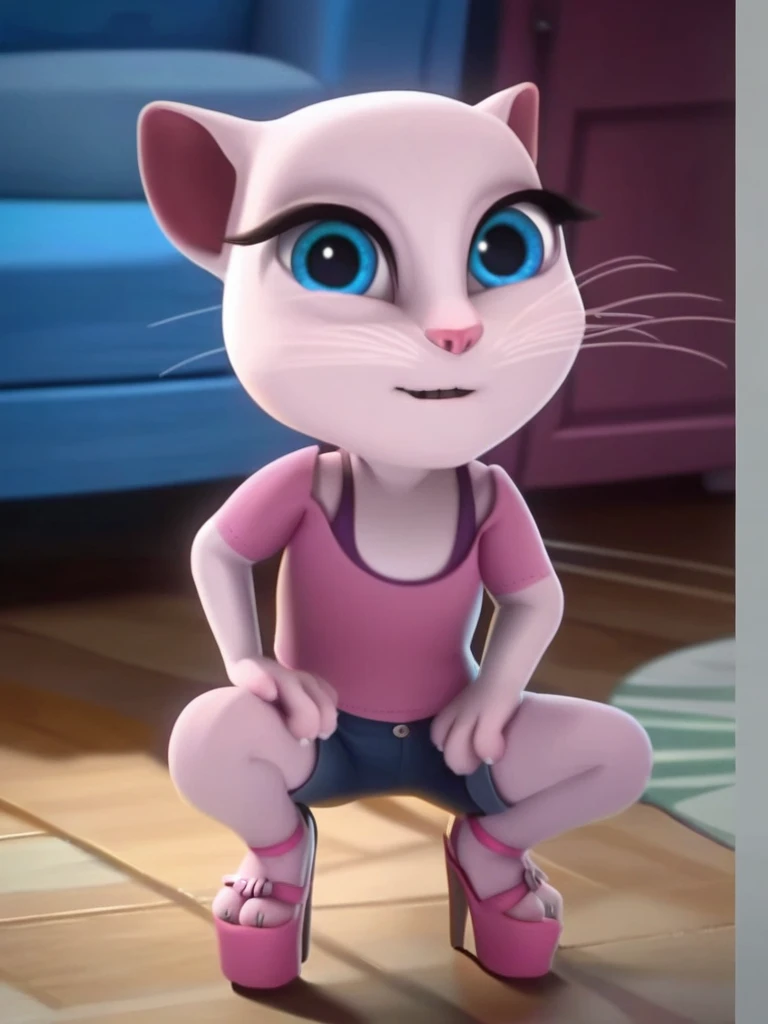 solo focus, a_la, 1girl, cat, white fur, long whiskers on each side of face, large brilliant blue eyes, large black eyelashes, small pink nose, triangular ears with pink canals, small breasts, looking at viewer, squatting, front view, spreading legs, platform high heels, score_9, score_8_up, score_7_up, quitándose la ropa