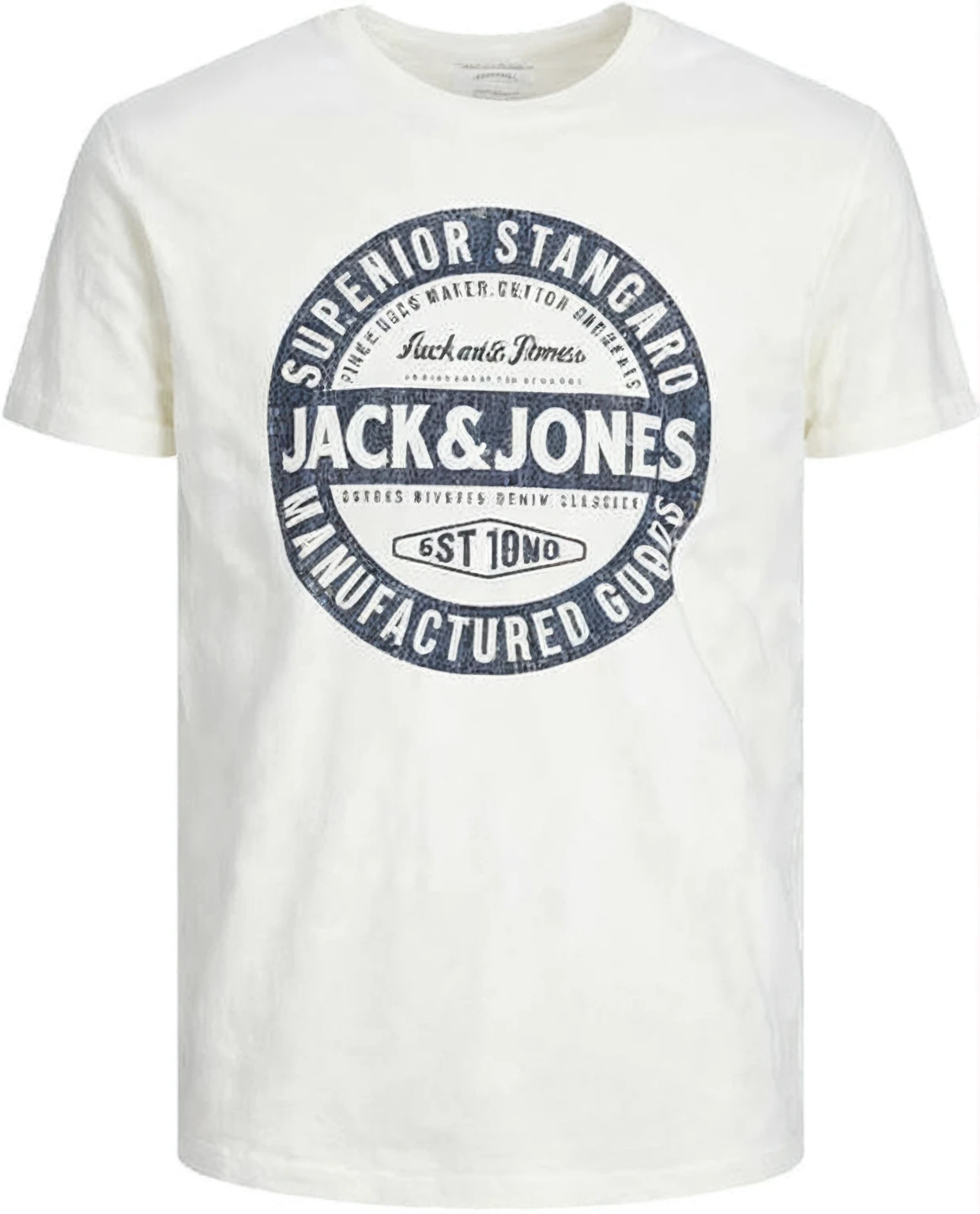 T-shirt design, jack and jones t - shirt, official product photo, jack, printed on a cream linen, white background