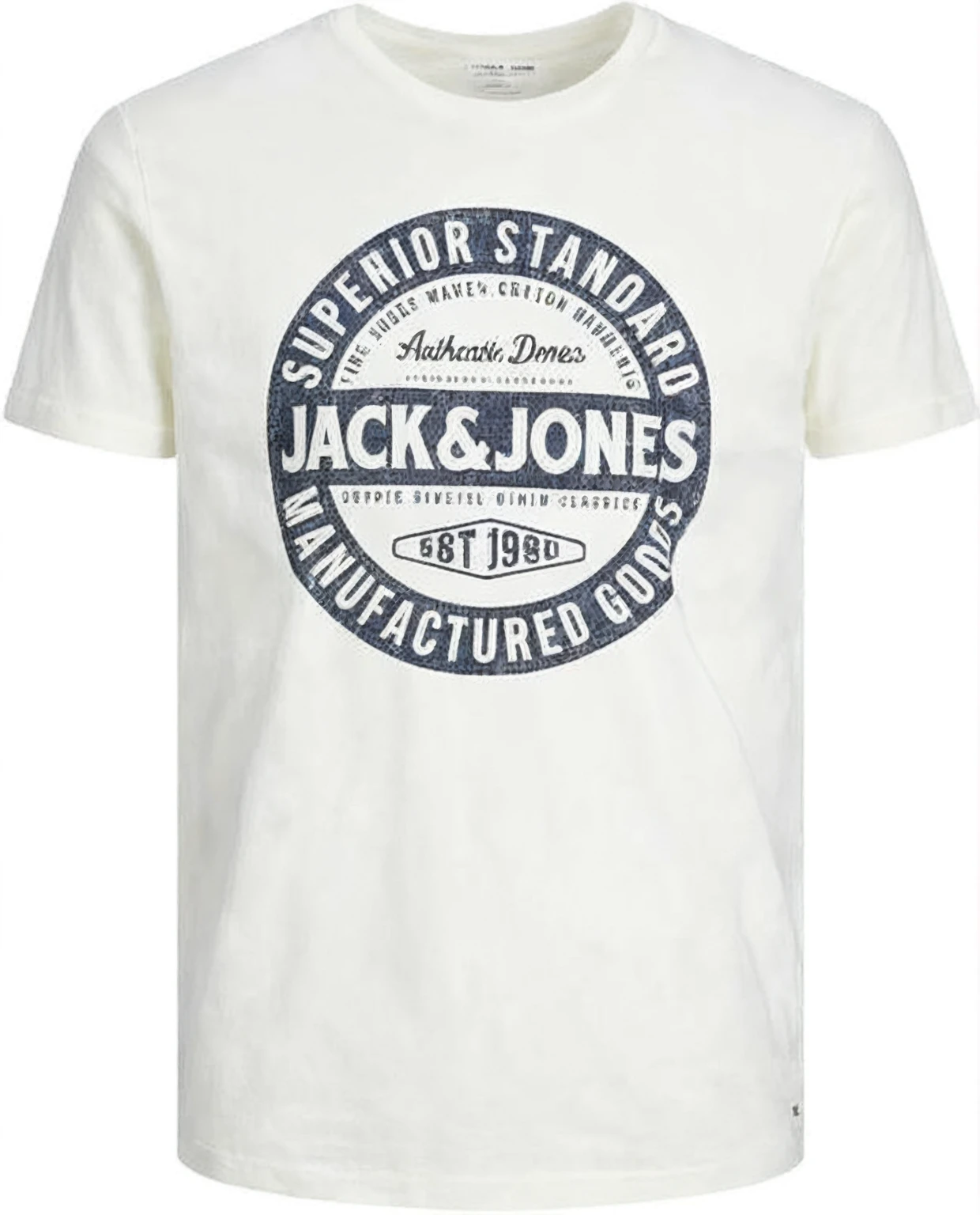 T-shirt design, jack and jones t - shirt, official product photo, jack, printed on a cream linen, white background