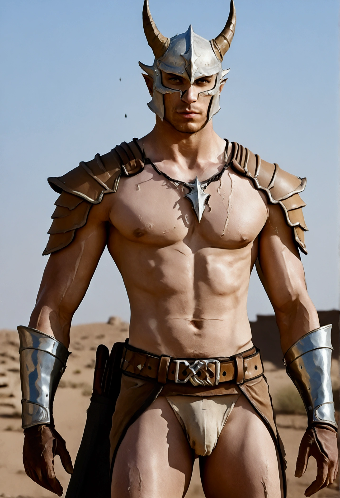 Solo Sexy anthro scalie dragon male mercenary medieval solider, slim endomorph muscular handsone model male apperance, sword scars, worn out rusty skimpy armament, low on hips heavy leather belt, old very worn out skimpy dirty linen material jockstrap, old yellow dirty worn out stains on white jockstrap, studded skimpy armlets breastplate armor, skimpy breastplate, leather bondages, fingerless leather gloves, smelly unwashed husk, dirty body look, desert battlefield, standing in sexy fighting position, close view of full character