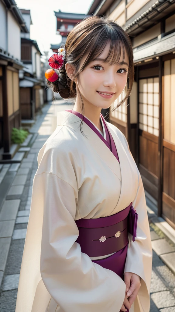 Professional Lighting,(Photorealistic:1.4), (Top image quality:1.0), (超A high resolution:1.0), 8k, Raw photography, (masterpiece:0.2), (Facing the children_v1:0.5)、(highest quality Detail:1.2)、Realistic、8k Ultra HD、High resolution、(1 girl:1.2)、Super detailed、High quality textures、Complex details、detailed、Very detailed CG、High quality shadows、detailed Beautiful and delicate face、Beautiful details and a delicate eye、(Symmetrical eyes:1.2),Written boundary depth、Ray Tracing,1 girl, Japanese Girls, (Natural smile:1.4),cute, thin, Portrait of a beautiful Japanese woman in a kimono, Standing elegantly on a street corner in Kyoto. Kimono with vibrant traditional patterns, Hair decorated with elegant and delicate hairpins, Gentle expression. (With the old streets of Kyoto in the background:1.4)、The soft light of a spring afternoon、Adding tranquility to the scene. Rendered in a Realistic style with great attention to detail, High resolution images.Sky Porn, Magic Hour, (Realistic:1.3), finely, quality, (Tabletop:1.2), (Realistic:1.2), (highest quality), (Complex details), dramatic, Ray Tracing, photograph, +roller