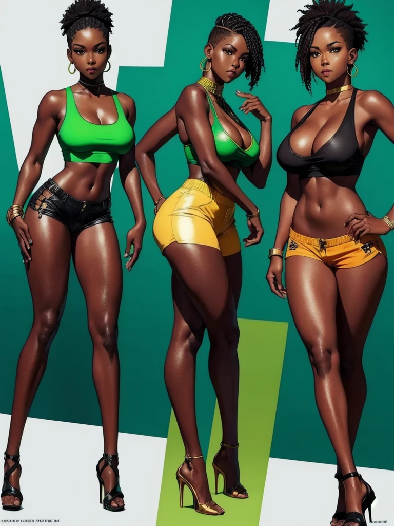 ((best quality)), ((4k)), ((highres)), ((masterpiece:1.2)). ((detailed)), ((ultra realistic)), ((intricate details)), ((full body picture)), ((character design sheet)), ((solo character)), a full body picture of a beautifull Ebony skinned female, black woman, dark skin, perfect face, detailed eyes, detailed lips, about 25 years old, about 5'5 ft. tall, punk black woman, punk style, side shaved CURLY hair ((emphasis on her side shaved CURLY hair)), muscular body, hourglass body type, thick and muscular, dressed in a green tank top ((emphasis on her green tank top)), and gold shorts, ((golden shorts)), high heels, fighting game character concept art, tekken character design, the king of fighters character concept, full bofy, full body concept art, full body art