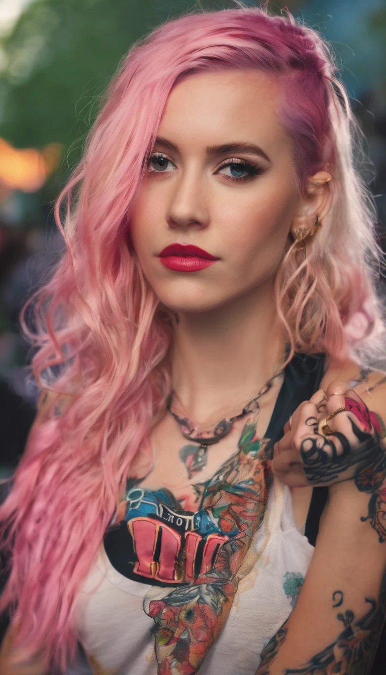 Young adult woman 22 years realistic, sexy with medium tits, modern punk style similar to harley queen, with long blonde and a little pink hair, with a broken heart tattoo on the neckline for the profile image