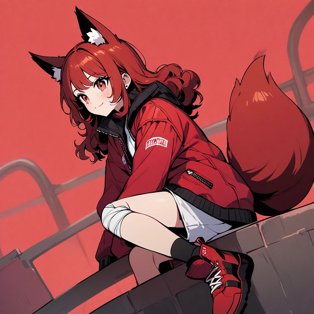 (well done:1) woman, short red, slightly wavy hair, red fox ears and tail, bulky red winter jacket with black details, white shirt, white shorts, bandage on the knee, red sneakers.