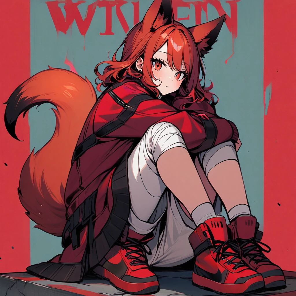 (well done:1) woman, short red, slightly wavy hair, red fox ears and tail, bulky red winter jacket with black details, white shirt, white shorts, bandage on the knee, red sneakers.