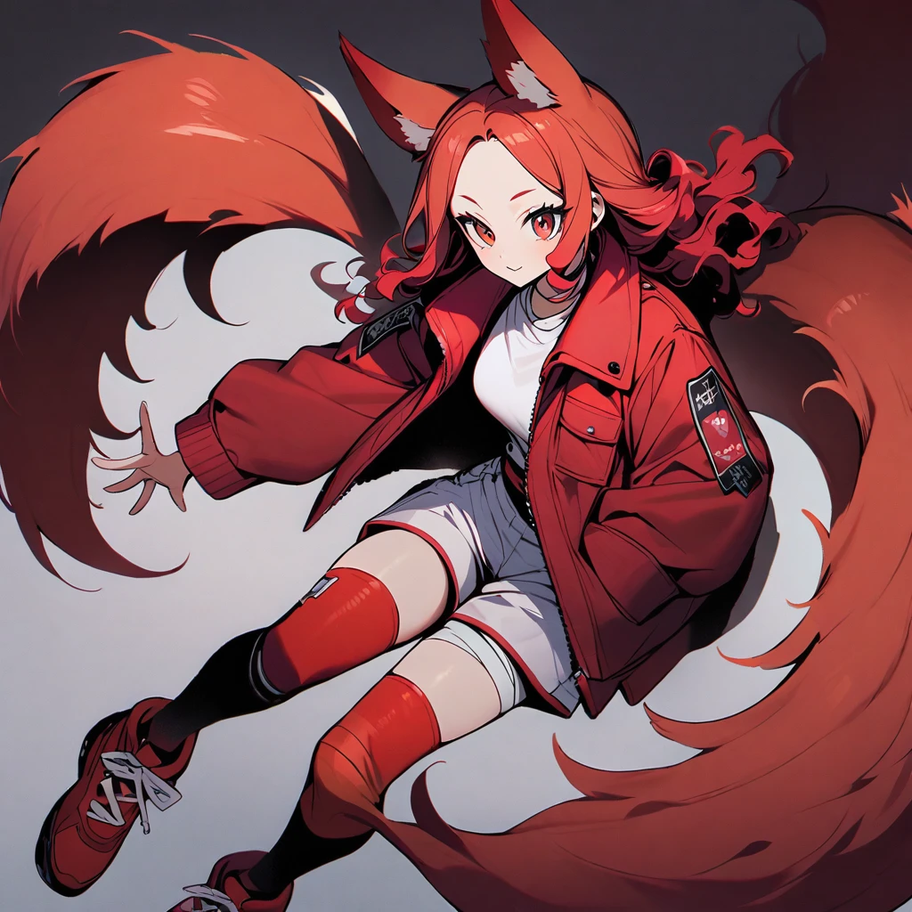 (well done:1) woman, short red, slightly wavy hair, red fox ears and tail, bulky red winter jacket with black details, white shirt, white shorts, bandage on the knee, red sneakers.