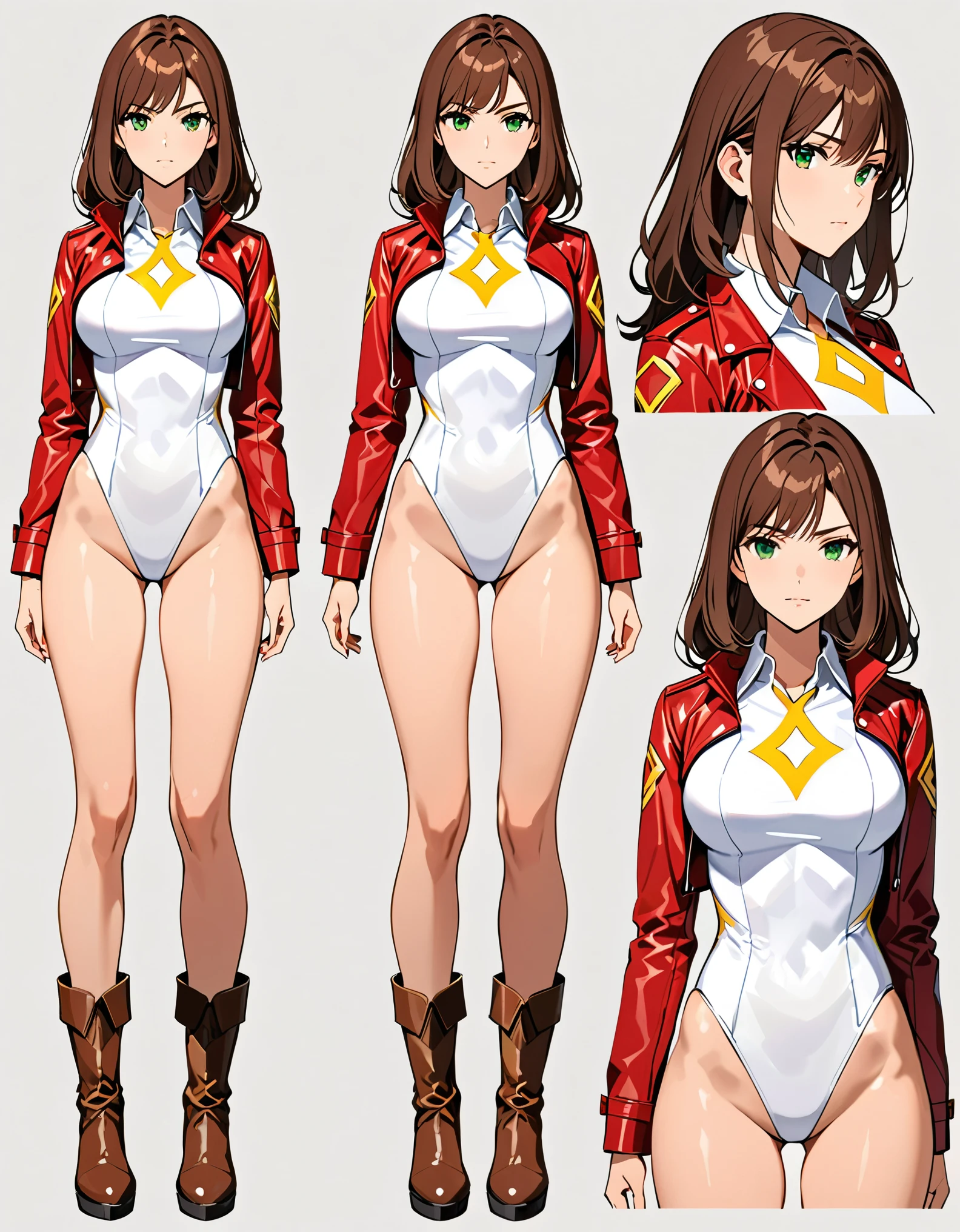 (masterpiece), (best quality), (high res), 1lady, tall body, beautiful detailed eyes, beautiful detailed face, serious, perfect hands, complete fingers, perfect anatomy, perfect proportions, ((brown hair, medium hair, hair down)), ((green eyes)), ((leotard, white leotard, matching leotard)), ((white dress collar, open collar)), ((bare legs)), ((boots, matching boots, ankle-high boots, red boots)), breasts, medium breasts, looking at viewer, (solo, solo focus), standing,, ((yellow V (symbol) on chest)), ((red leather jacket, open jacket)), full body costume design. Simple background, Multiple Views, Character Sheet Full-Length.