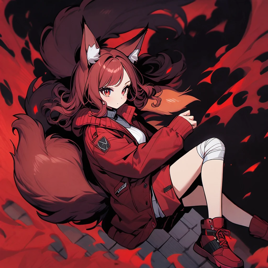 (well done:1) woman, short red, slightly wavy hair, red fox ears and tail, bulky red winter jacket with black details, white shirt, white shorts, bandage on the knee, red sneakers.
