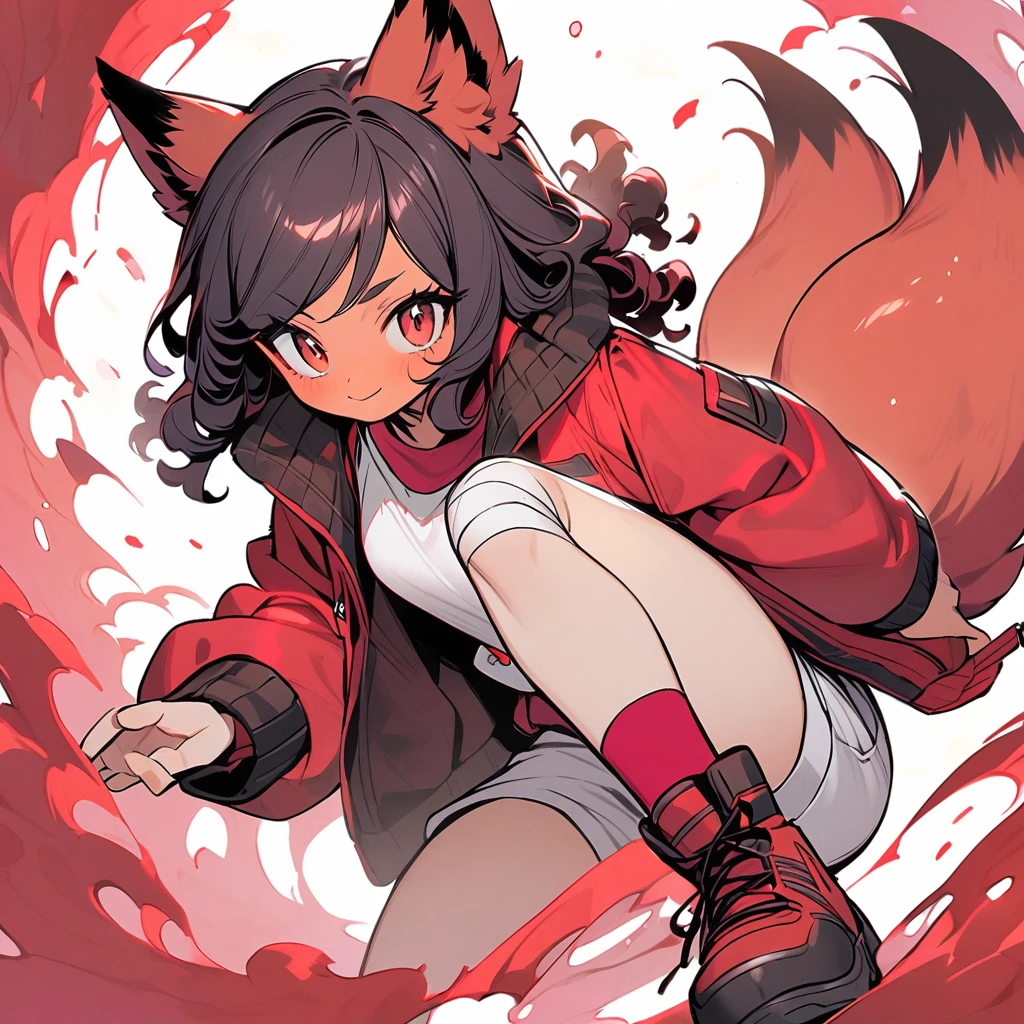 (well done:1) woman, short red, slightly wavy hair, red fox ears and tail, bulky red winter jacket with black details, white shirt, white shorts, bandage on the knee, red sneakers.