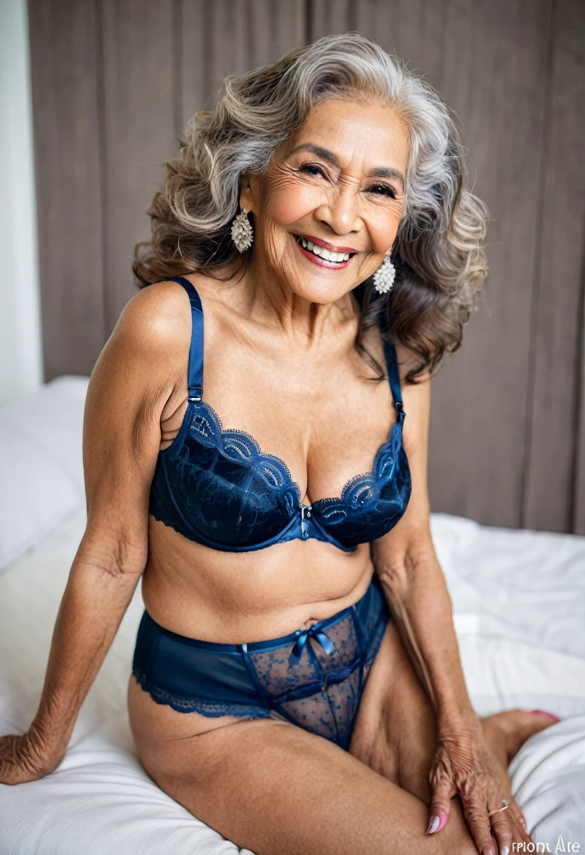 a Latina woman, 78 years old, wearing sexy lingerie, smiling, beautiful hair.