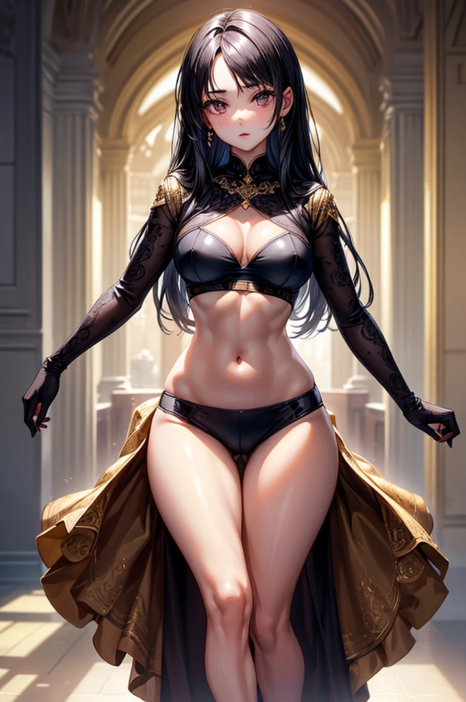 ((highest quality)),(ultra high resolution),(Super detailed), (best work of art), (ung girl:1.5), beautiful and well-shaped face:1.5,(Beautiful skin with precise and detailed depiction:1.6),(sports bra and waist band hotpants shorts ),gorgeous, masterpiece, best quality, high-resolution, finely detailed, extremely detailed and beautiful, distinct-image, hourglass figure. 1 girl, 18 year old teen, solo, sharp facial features, oval shaped face. cherry red lips, lightly tanned white skin. velvet-colored eyes, C-cup breasts, tall height(175cm), slim thick yet chiseled body type, flowing waist length dark violet-black hair, small narrow waist, long and slender legs, curvy wide hips, elegant gothic courtyard setting