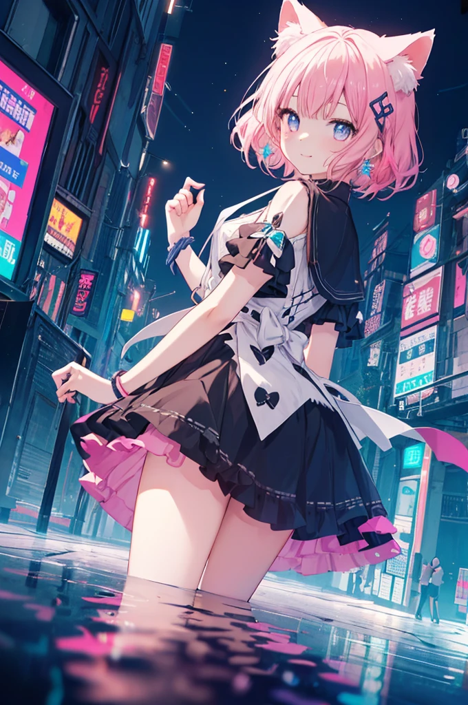 Absurd, High resolution, (Anime Style:1.1), ((Tabletop)), ((Highest quality)), (Very detailed), (beautiful), alone, beautiful face、(lift),、beautiful Fine Star々、Cute girl in cute clothes standing on high hill、私はとてもbeautifulです, Delicate and detailed urban night view、One Girl、beautiful colorful hair, Colorful eyes,View your audience,Lens flare,dramatic, From the back、Whole Body Ezbian、Low - Angle、(Neon Light、Accessories for girls who shine with reflection:1.3)、Laughter, Cat ear, A small smile