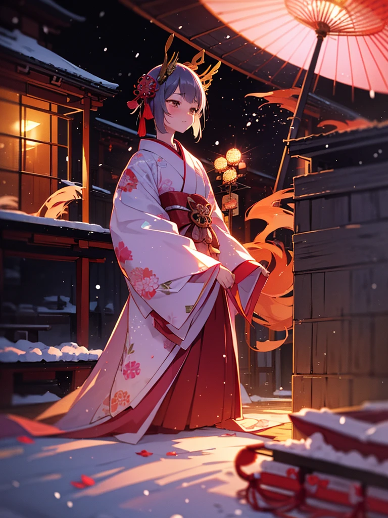 (Sumilux f1.4 50mm , low Latitude old color negative film , cross process , bokeh, flare, chromatic aberration , soft focus, (Shallow focus) , soft glow , Maximum aperture, High Key , Transparent depiction) , kawaii hentai anime , Elegance erotica , Japanese Heian period , Shrine maiden girl, kitsune mask , (round Maro eyebrows) , kimono , (Peony flowers blooming:0.8) , Snow is falling , steamy breath , Kagura Dance , passion , Drinking amazake , Drunkard , seduce , Hyakki yagyo emaki , Demons and monsters run rampant