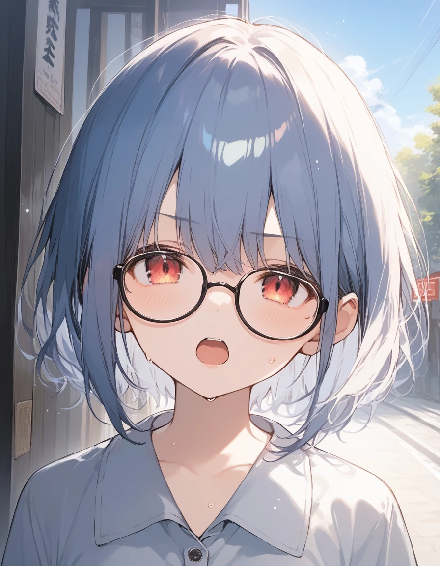 score_9, score_8_up, score_7_up, source_anime, best quality, masterpiece, official art, absurdres, highres, ultra-detailed,waifu2x,Collection: Slice of Life,break,1girl,  short hair, glasses, serahuku, small breasts, disgusted eyes, beautiful detailed eyes, pleated skirt,sweat, open mouth, (yawn:0.3),  sleepily, outdoors, wing, break,(clear line illustration:1.2), super detailed skin,very high resolution, very aesthetic, Best sexual lighting powered by famous artist, 8k,cute picture,beauty illustration,photoshop_(medium),,(Detailed Lighting),best anime 8k konachan wallpaper, pixiv contest winner, 