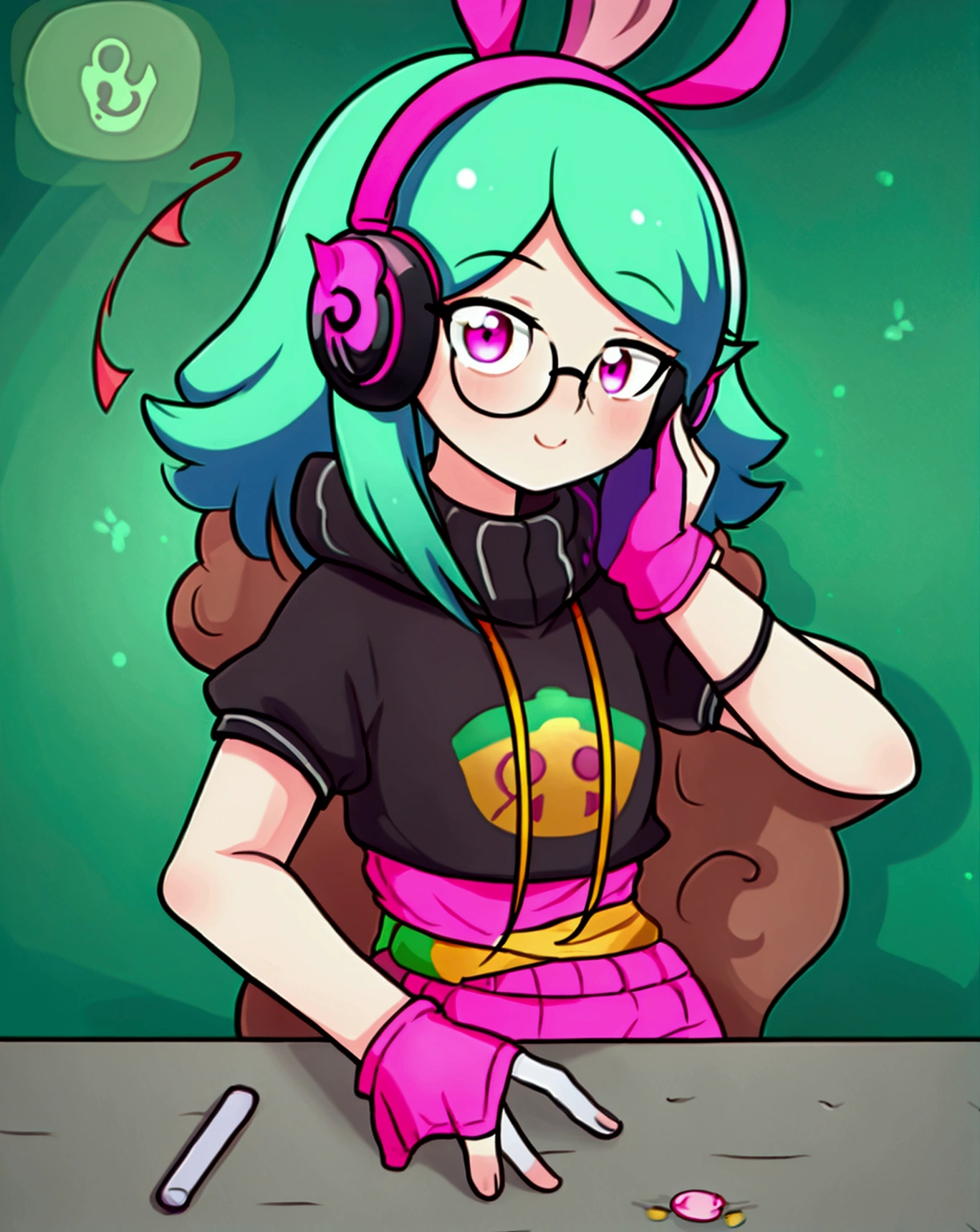 Neeko ((highest quality)), ((masterpiece)), (be familiar with), perfect face,white half-up hair,green mesh hair,Pink eyes,round glasses,cool black hoodie,headphones,black gloves,turtleneck,alone,icon