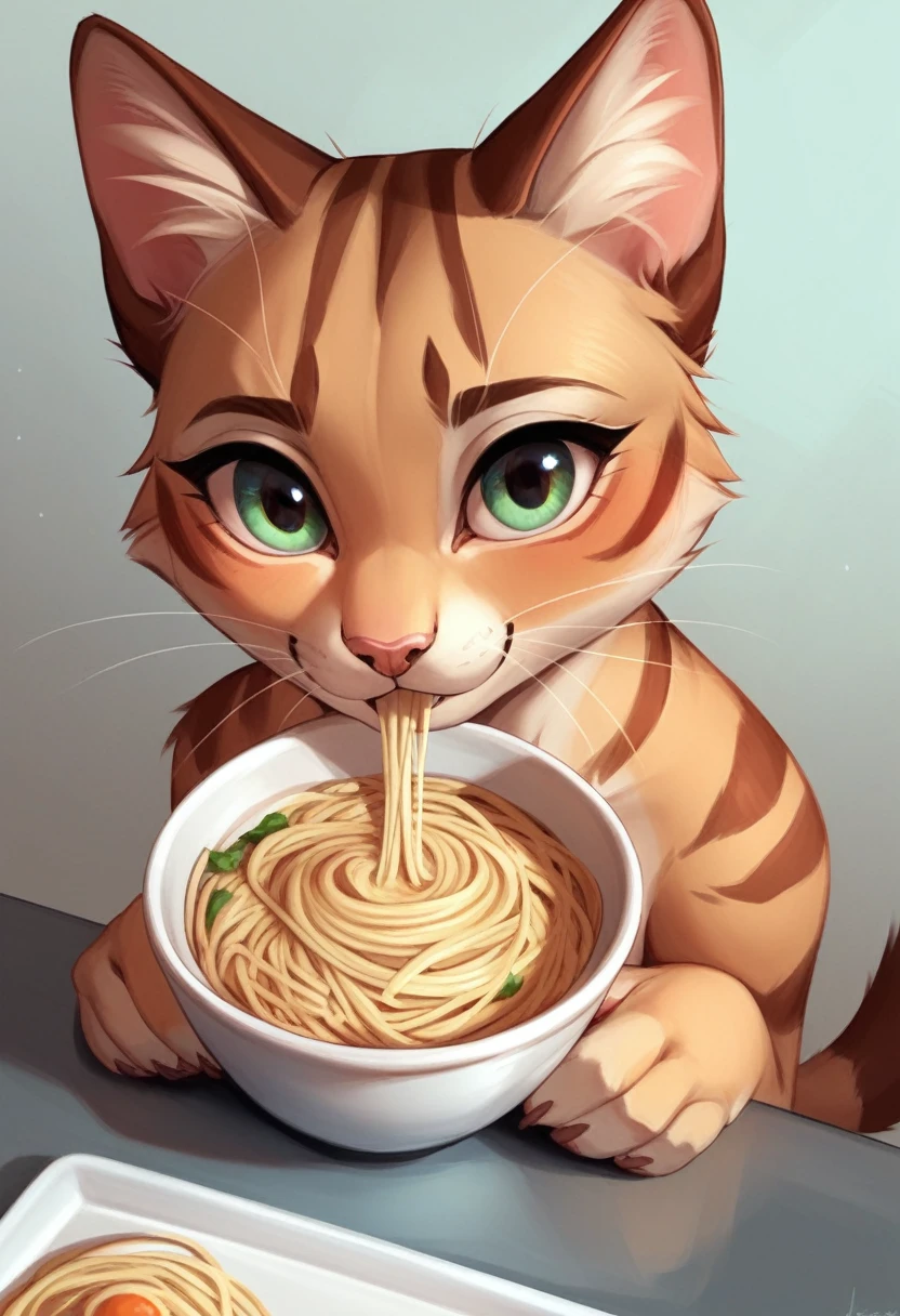 (Brown tabby cat is preparing ramen on the table:1.2)、(C4TTITUDE:1.3)、Close-up photo at Glasstech Kitchen、Hyperrealistic intricate detail、(foggy:1.1)、Perspective from above
