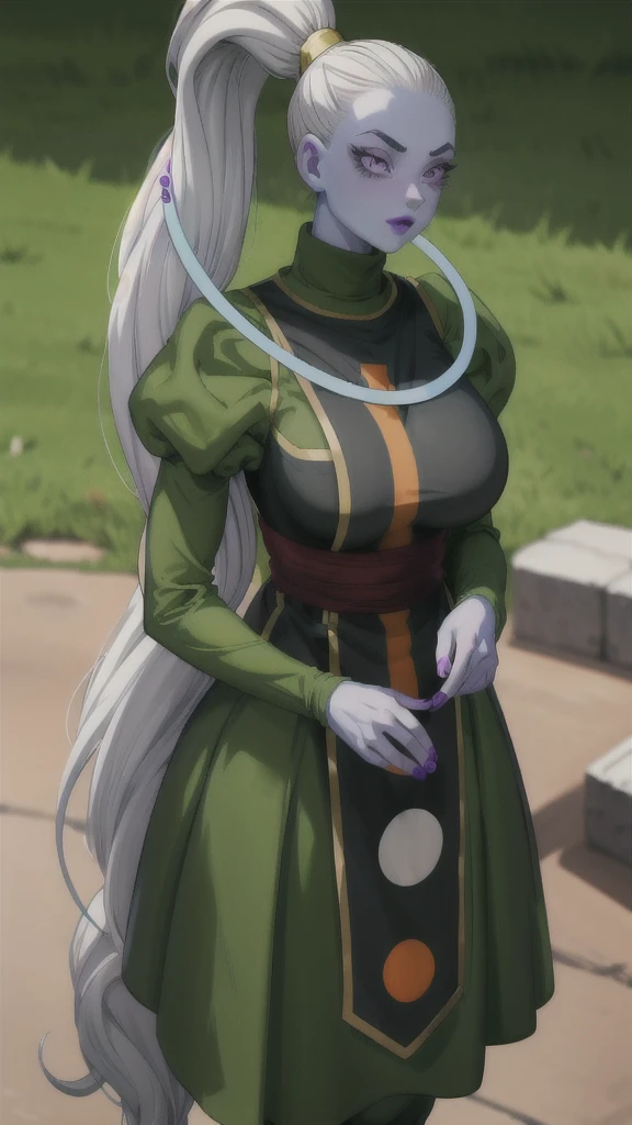 Dress_DragonBallSuper_Vados_ownwaifu, 
1girl, blue skin, white hair, hair pulled back, high ponytail, purple eyes, colored skin, alien, long hair, very long hair, lipstick, makeup, purple lips, breasts, large breasts, cleavage, eyelashes,  jewelry, purple nails,
puffy sleeves, long sleeves, dress, juliet sleeves, sash, green skirt,  puffy long sleeves, turtleneck,
((masterpiece)),((best quality)),(highres, absurdres), original, bokeh, depth_of_field, scenery, spotlight, focused, looking at viewer, solo, cowboy shot,