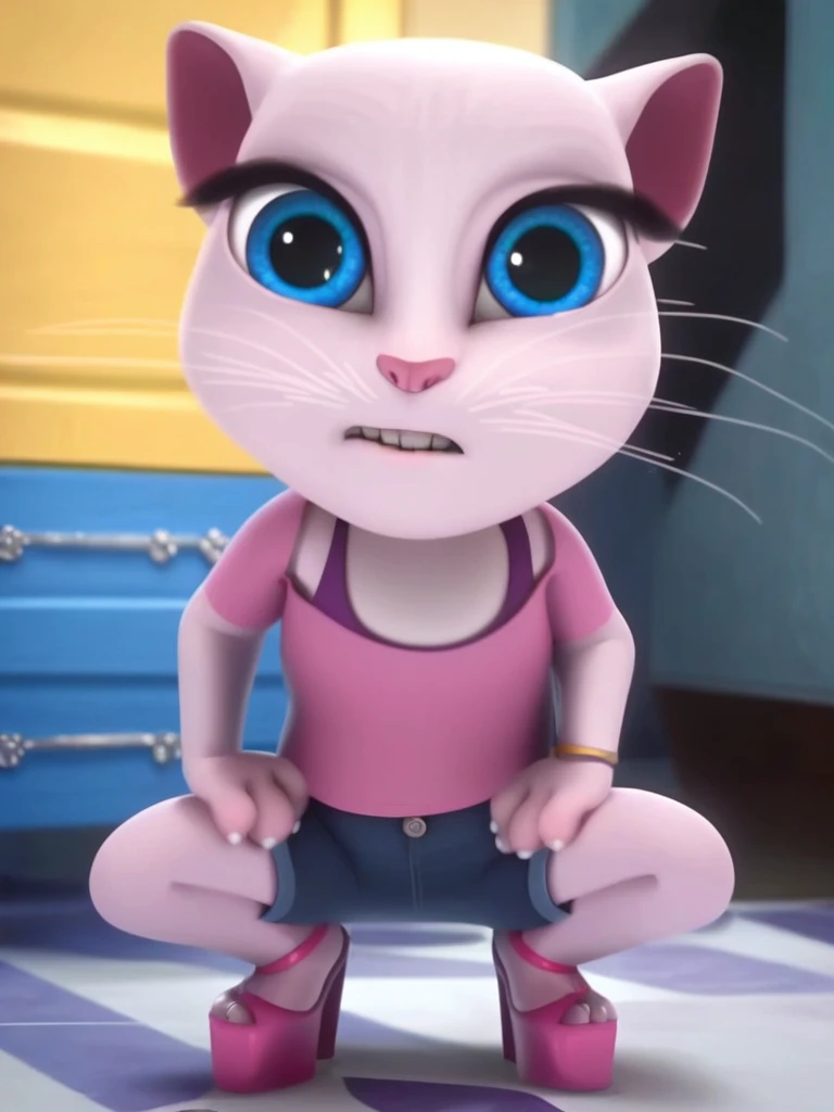 solo focus, a_la, 1girl, cat, white fur, long whiskers on each side of face, large brilliant blue eyes, large black eyelashes, small pink nose, triangular ears with pink canals, small breasts, looking at viewer, squatting, front view, spreading legs, platform high heels, score_9, score_8_up, score_7_up, quitándose la ropa bajando celos pantalones