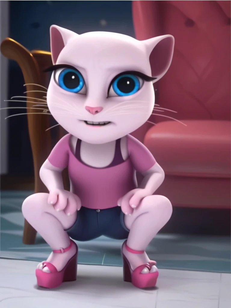 solo focus, a_la, 1girl, cat, white fur, long whiskers on each side of face, large brilliant blue eyes, large black eyelashes, small pink nose, triangular ears with pink canals, small breasts, looking at viewer, squatting, front view, spreading legs, platform high heels, score_9, score_8_up, score_7_up, quitándose la ropa bajando celos pantalones