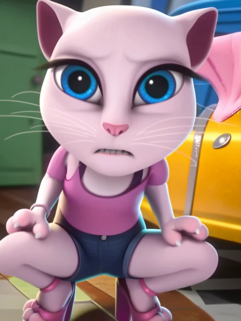 solo focus, a_la, 1girl, cat, white fur, long whiskers on each side of face, large brilliant blue eyes, large black eyelashes, small pink nose, triangular ears with pink canals, small breasts, looking at viewer, squatting, front view, spreading legs, platform high heels, score_9, score_8_up, score_7_up, quitándose la ropa bajando celos pantalones