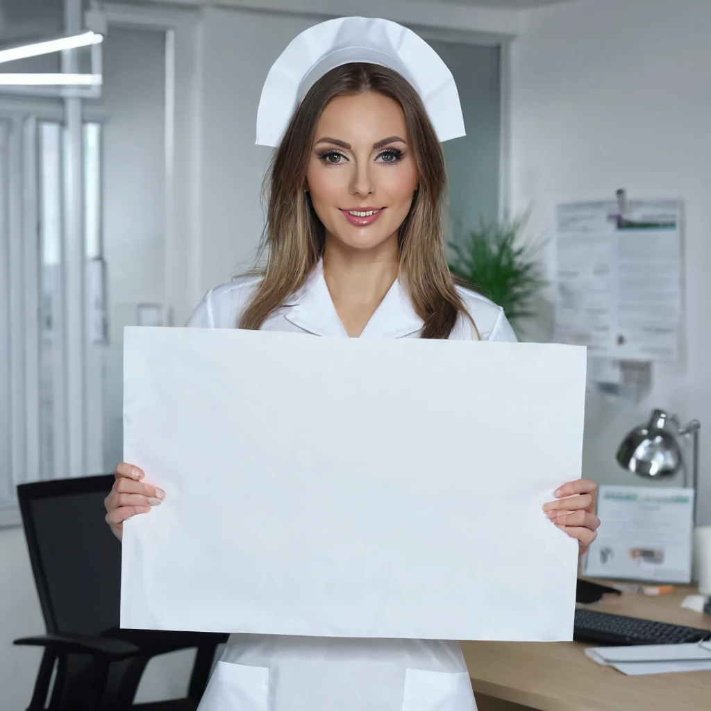 y nurse in the office, holding a white sheet of A4 paper in his hands, and shows it to the camera