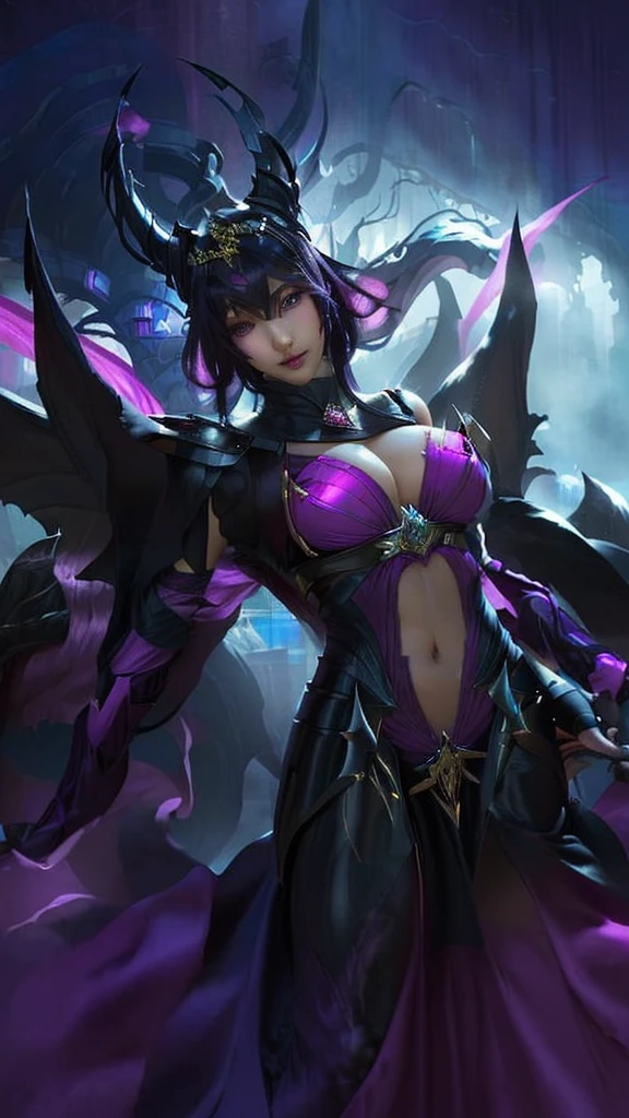 a close up of a woman in a purple Lingerie, fuchsia skin below the oppai, leblanc, fuchsia skin beneath the armor, morgana, style league of legends, league of legends character, style of league of legends, splash art, irelia, beautiful succubus, nocturne from league of legends, morgana from league of legends