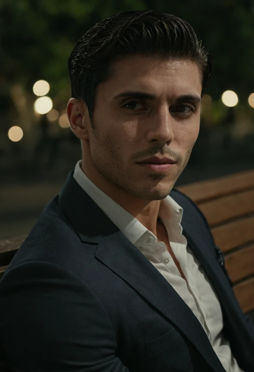 gu,a handsome man in a party, sitting on a bench, looking to the side, detailed facial features, sharp focus, 8k, photorealistic, professional photography, dramatic lighting, cinematic composition, elegant attire, high-quality, hyperrealistic, intricate details, flawless skin, intense gaze, natural expression, chiaroscuro lighting, dramatic shadows, warm color tones, sophisticated style, luxurious environment