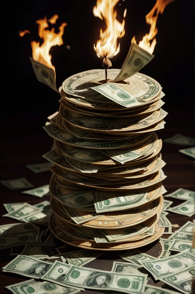 a large pile of burning dollar bills, one bitcoin unaffected by the flames, surreal, highly detailed, 16k, UHD, best quality