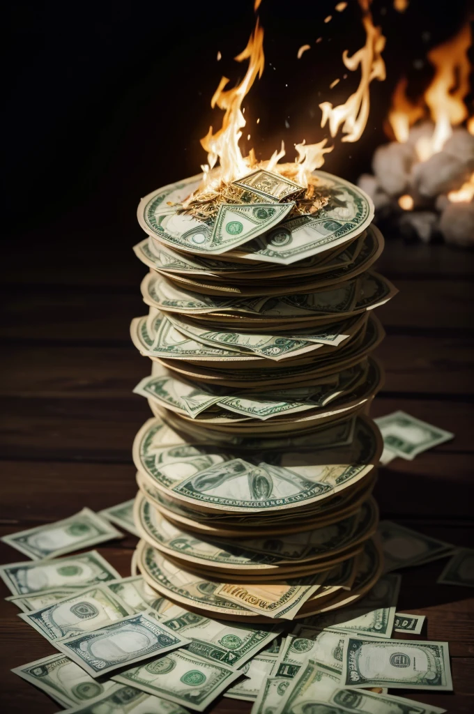 a large pile of burning dollar bills, one bitcoin unaffected by the flames, surreal, highly detailed, 16k, UHD, best quality