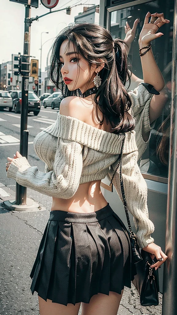 4K, RAW photo, best quality, masterpiece, ultra high resolution, (photorealistic:1.4), realistic,
(best quality, masterpiece:1.2), (extremely intricate, detail_face:1.2), (1girl, slim), full body, dynamic pose, dynamic angle, ((from behind)), (exhibitionism),
shibuya \(tokyo\), bus stop, bus stop sign,
(nsfw:0.8), ((only_sweater)), (off shoulder-sweater, crop top-sweater, long sleeves-sweater), ((low-rise)), (pleated skirt, miniskirt), choker, earrings, navel piercing,
light_on_face, black hair, shiny skin, (gigantic breasts), narrow waist, (thighs), thigh gap, realistic_fingers, whole_fingers, red lips, makeup, huge ass,