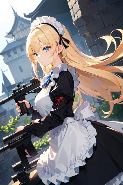 ((Highest quality:1.6)), ((detailed:1.4)), (Ultra-high resolution:1.6)(detailed:1.6), (Perfect Face:1.4), (detailedなイラスト:1.6), (Ultra-high resolution:1.6), girl, A very concentrated face, cute, Blonde, Small breasts, (Black and white maid outfit, Blue ribbon, White apron, Gothic maid outfit, Long), (Above the Battlements, On the wall, Defend the castle, Castle), (Sniperrifleで狙撃:1.6), Sniper, Sniper, Snipe, Sniperrifleを構えてる, rifle, gun, ロングrifle, (Castle Defense, gun撃戦, Looking through the scope, Aim at the enemy, Sniper from the top of the castle, Eyes are enemies, Side angle:1.4), (両手でSniperrifleを構える:1.4)