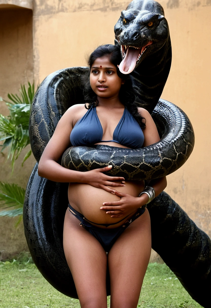  Pregnant Happy Horny, aroused 1girl), beautiful indian  girl  wearing thong with  giant colossal  black titanboa monster squeezing her hard, wrapped in thick spiraling coils, constricted, struggle, gasping for air, snake attack, snake peril,