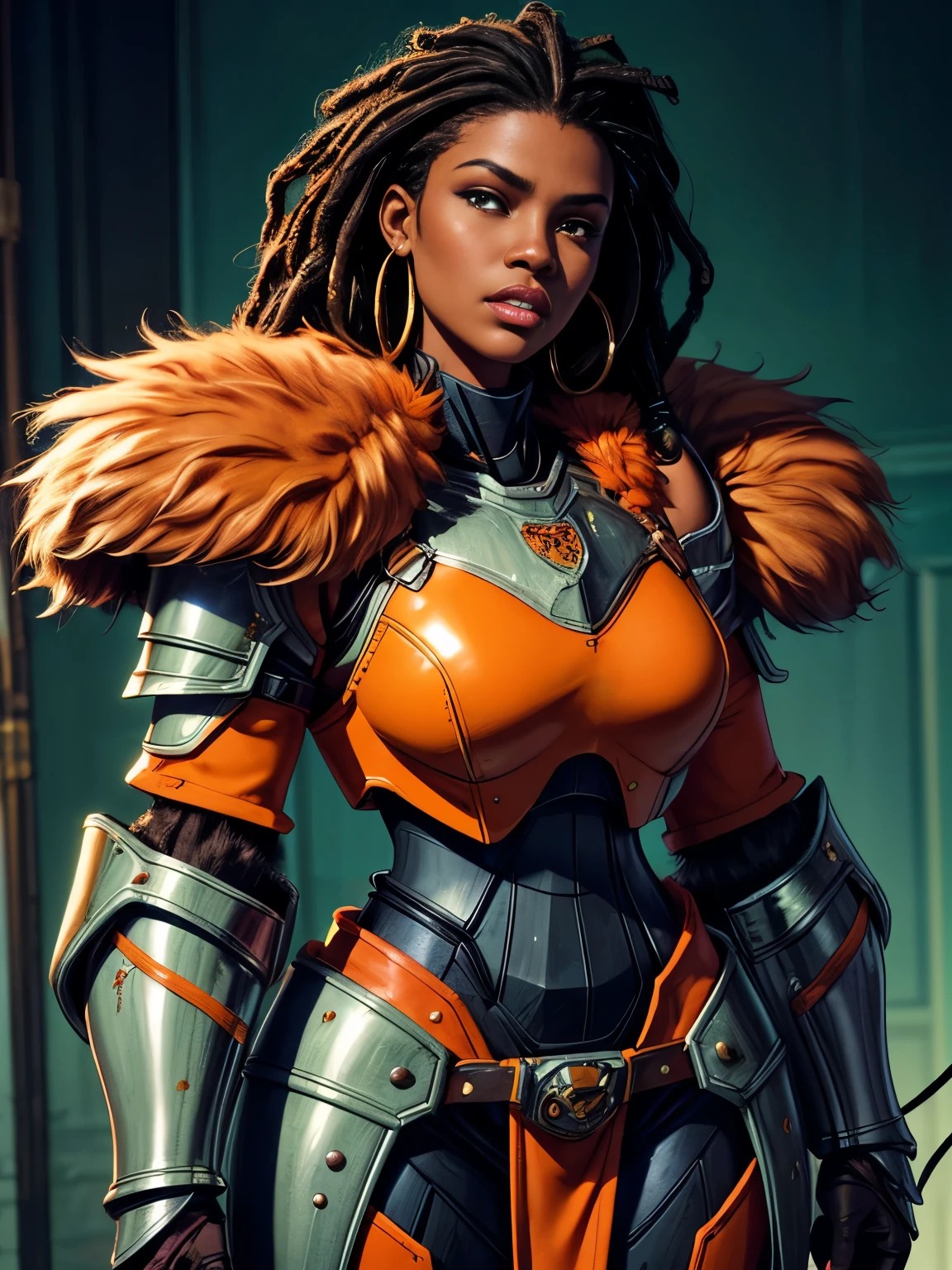 black woman with dark skin, dread locks, black hair, pretty face, hoop earrings. (orange high tech power armor:1.2), (heavy armor), (fur trim), visible wires, seam lines, orange shoulder pads, large shoulder pads, round shoulder pads, rivets, chipped paint. loin cloth, fur trim, fur cuffs. skin covered in green.
