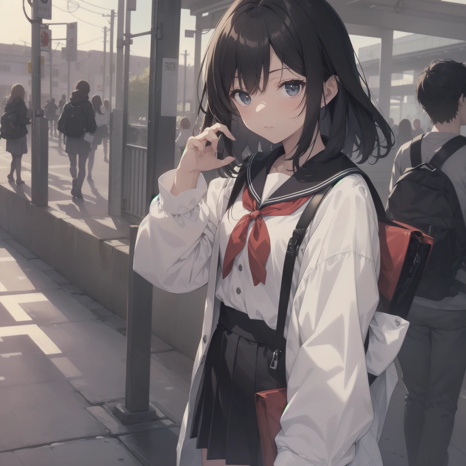 ultra-absurdres-Top quality by artist God, ultra-detailed, high resolution, anime moe artstyle, best anime 8k konachan wallpaper, pixiv contest winner, pool:2810, perfect anatomy,break, 1girl, (Please draw a girl walking sleepily to school alone. )break,(Solo,little female, 13-year-old:1.3),Full limbs, complete fingers,a junior high school student, (very short hair), short cut, flat chest, , small butt, small black eyes, beautiful detailed eyes, well-proportioned iris and pupils, expressive eyes, highres detailed hair, soft expression, salor school_uniform, sailor collar, serahuku, bow, pleated skirt,(Detailed Lighting), (Detailed background), in the School commute route. break,super detailed skin, Best cinematic lighting powered by famous artist, 8k,beauty illustration,photoshop_(medium),very aesthetic,break,((artist:kotorai )), artist:clamp ,artist:carnelian ,artist:kantoku ,