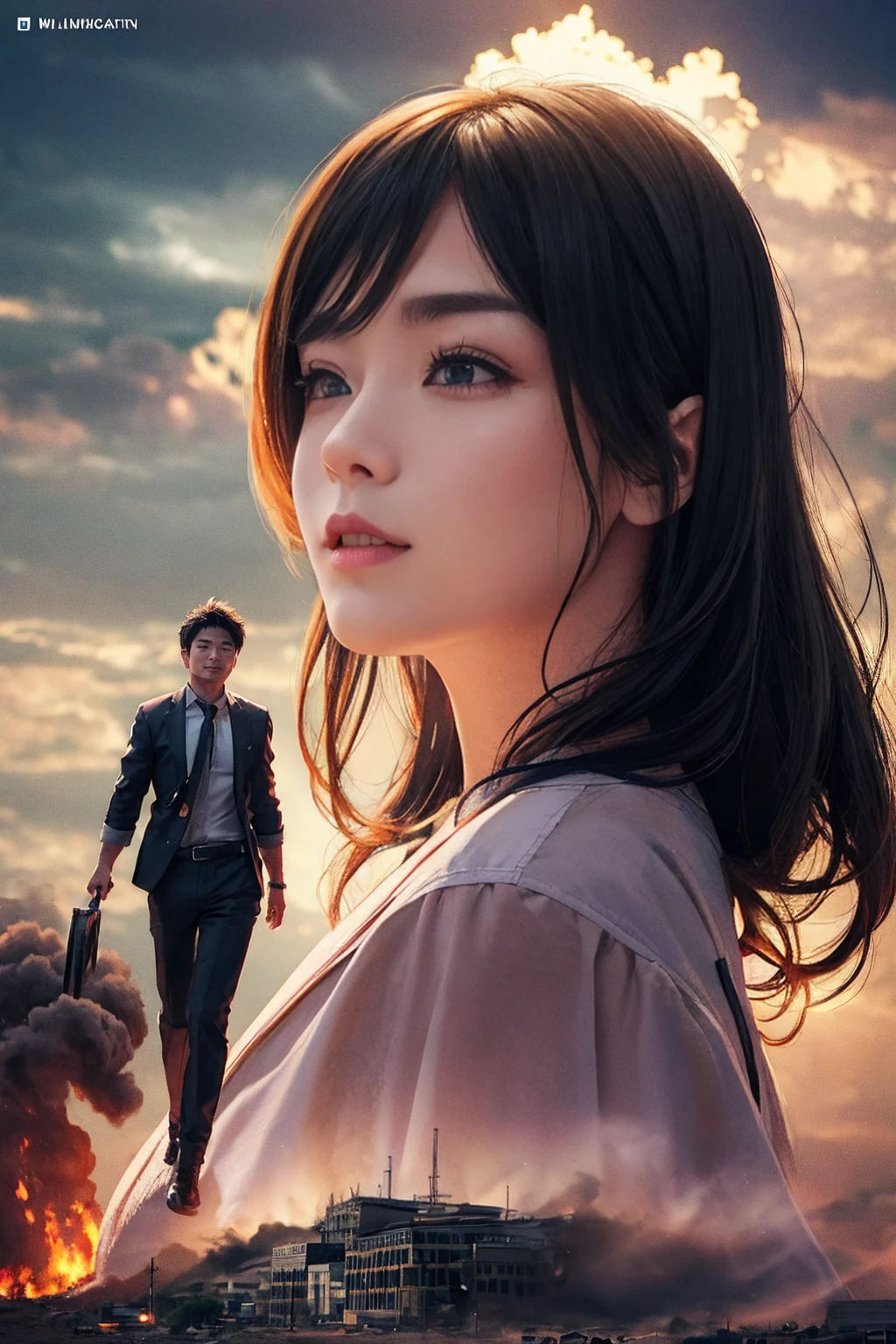 Horrorな雰囲気、Towering Giant、Woman who brings disaster、A powerful and impressive image、Accurate female body、Human body、giantess、A woman bigger than a building、The growing human body、Giantess、The Devil's Outfit、Giant Devil、Villainess、Bad guy、Messenger from Hell、walk、masterpiece、Detailed illustrations、precise illustration、High quality、Japanese、smile、smile、Cute woman、Long Hair、Open your mouth、Low - Angle、Small Town、A small city in ruins、都市のLow - Angleの遠景、Flying debriasterpiece、Anatomically correct、sand smoke、Smoke is rising、Building burns、Gloomy Weather、night、Horror、Catastrophe、thunder、storm、rain、person looking up from below々
