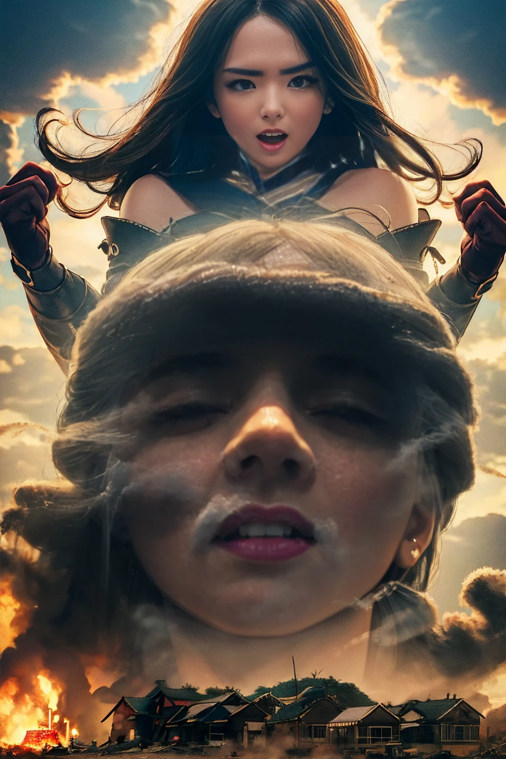 Horrorな雰囲気、Towering Giant、Woman who brings disaster、A powerful and impressive image、Accurate female body、Human body、giantess、A woman bigger than a building、The growing human body、Giantess、The Devil's Outfit、Giant Devil、Villainess、Bad guy、Messenger from Hell、walk、masterpiece、Detailed illustrations、precise illustration、High quality、Japanese、smile、smile、Cute woman、Long Hair、Open your mouth、Low - Angle、Small Town、A small city in ruins、都市のLow - Angleの遠景、Flying debriasterpiece、Anatomically correct、sand smoke、Smoke is rising、Building burns、Gloomy Weather、night、Horror、Catastrophe、thunder、storm、rain、person looking up from below々