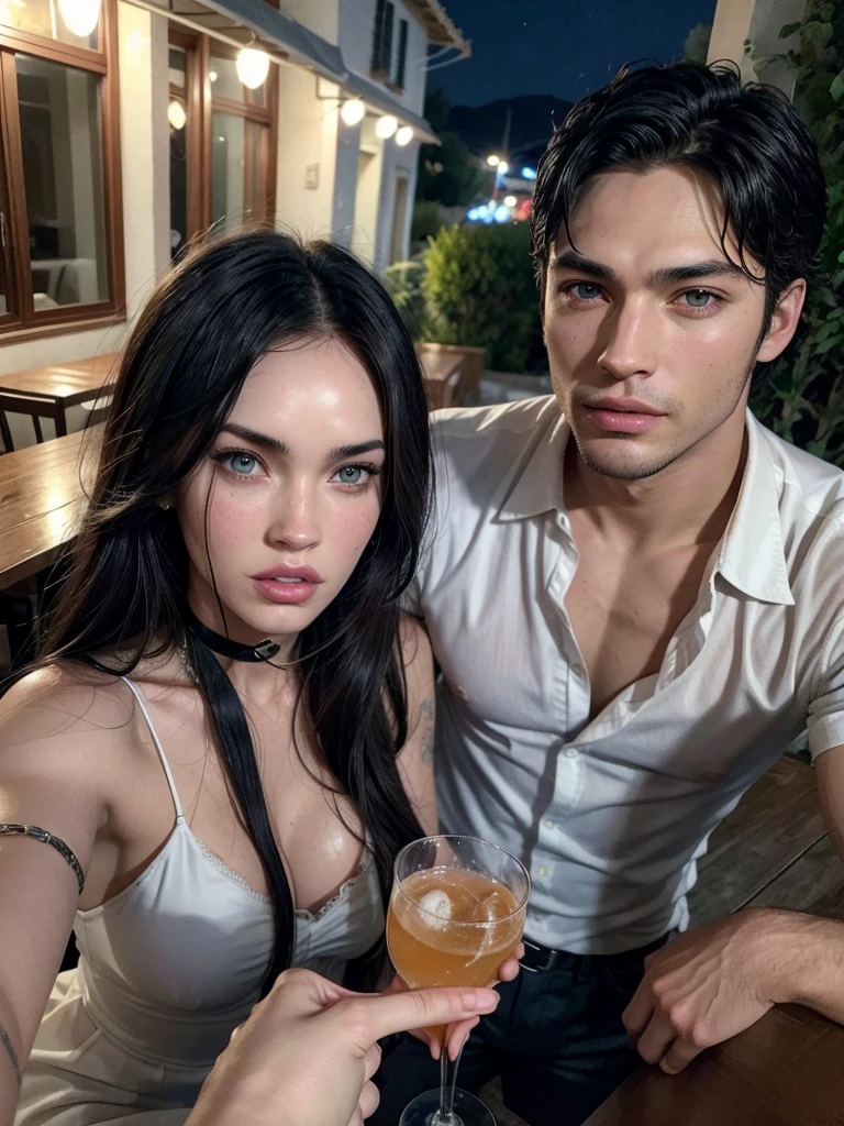 A Brazilian man with black eyes and a woman (Megan fox) blue-eyed, wearing elegant clothes, in Greece at night, Selfie, having a drink, boyfriends