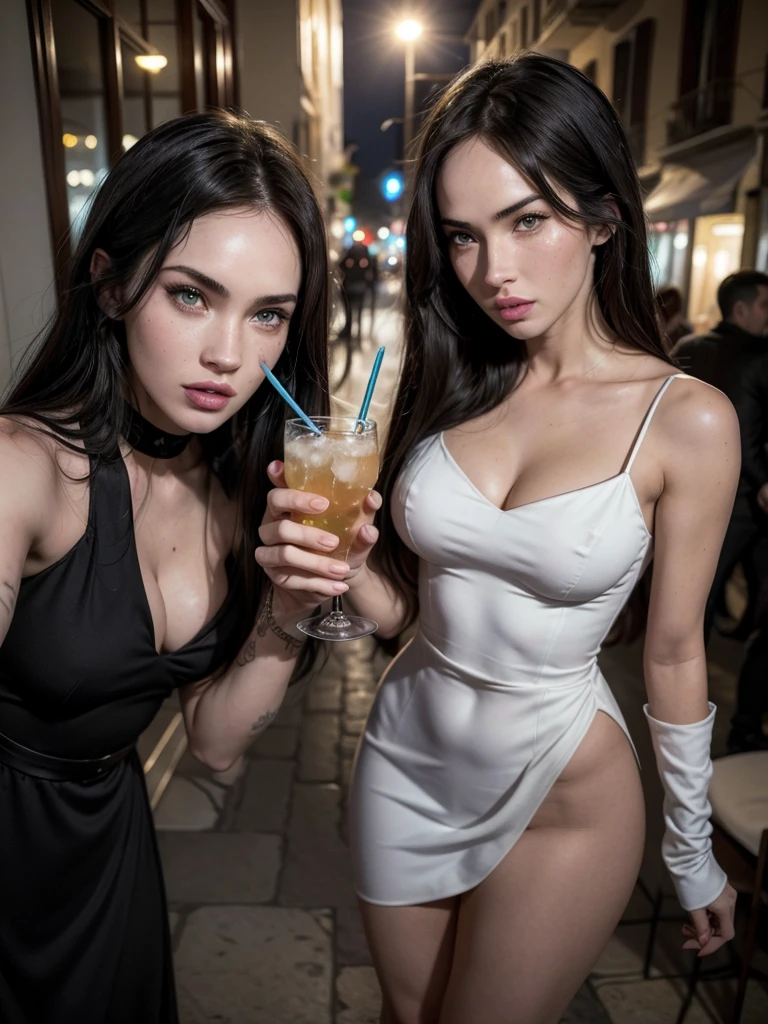 A Brazilian man with black eyes and a woman (Megan fox) blue-eyed, wearing elegant clothes, in Greece at night, Selfie, having a drink, boyfriends
