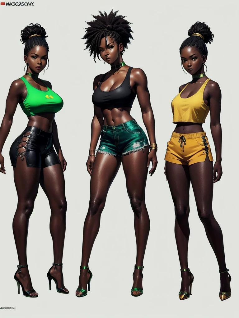 ((best quality)), ((4k)), ((highres)), ((masterpiece:1.2)). ((detailed)), ((ultra realistic)), ((intricate details)), ((full body picture)), ((character design sheet)), ((solo character)), a full body picture of a beautifull Ebony skinned female, black woman, dark skin, perfect face, detailed eyes, detailed lips, about 25 years old, about 5'5 ft. tall, punk black woman, punk style, side shaved CURLY hair ((emphasis on her side shaved CURLY hair)), muscular body, hourglass body type, thick and muscular, dressed in a green tank top ((emphasis on her green tank top)), and golden shining shorts, ((golden shining shorts)), high heels, fighting game character concept art, tekken character design, the king of fighters character concept, full bofy, full body concept art, full body art