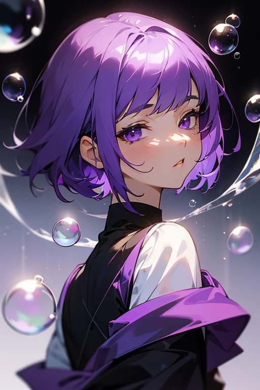alone, One girl, Purple eyes, Purple Hair, bubble, View your viewers, Portraiture, Half-closed eyes, short hair, Mouth closed,shiny bubbles,bubbles, colour shining in bubble, reflective bubbles,bubbles ,bubbles all around, turning into bubble