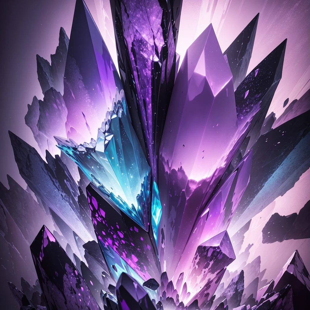 An abstract representation of a purple crystallized mineral. The image features jagged and irregular facets of crystal formations in varying shades of deep violet and lavender. The mineral’s surface is textured with intricate patterns that reflect light in a dynamic and fragmented manner. The background is a blend of dark and light hues that enhance the mineral’s luminous quality, creating a sense of depth and ethereal beauty. The overall composition is surreal and visually striking, with an emphasis on the mineral’s abstract, otherworldly nature.