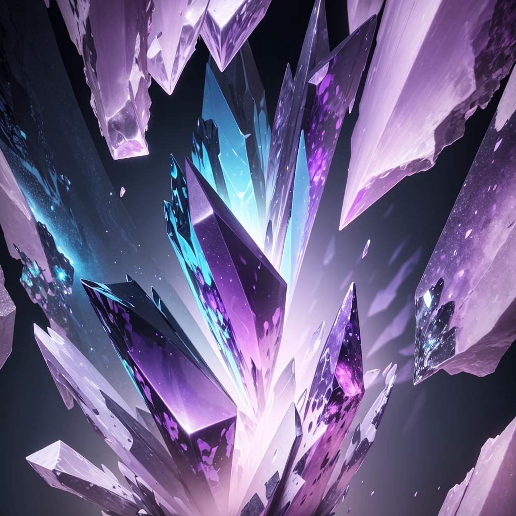 An abstract representation of a purple crystallized mineral. The image features jagged and irregular facets of crystal formations in varying shades of deep violet and lavender. The mineral’s surface is textured with intricate patterns that reflect light in a dynamic and fragmented manner. The background is a blend of dark and light hues that enhance the mineral’s luminous quality, creating a sense of depth and ethereal beauty. The overall composition is surreal and visually striking, with an emphasis on the mineral’s abstract, otherworldly nature.