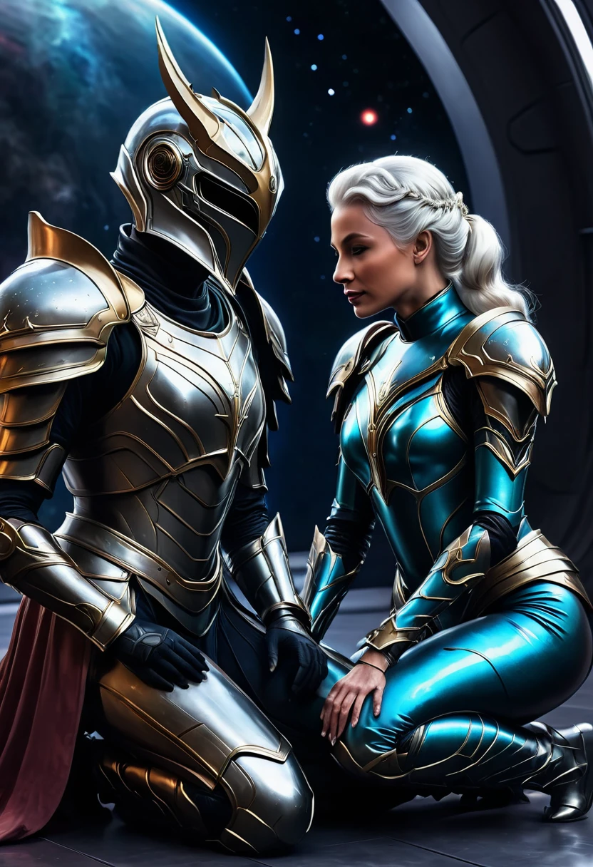 Dragon kneeling to a Queen in galactic armor, cinematic, ritch colors