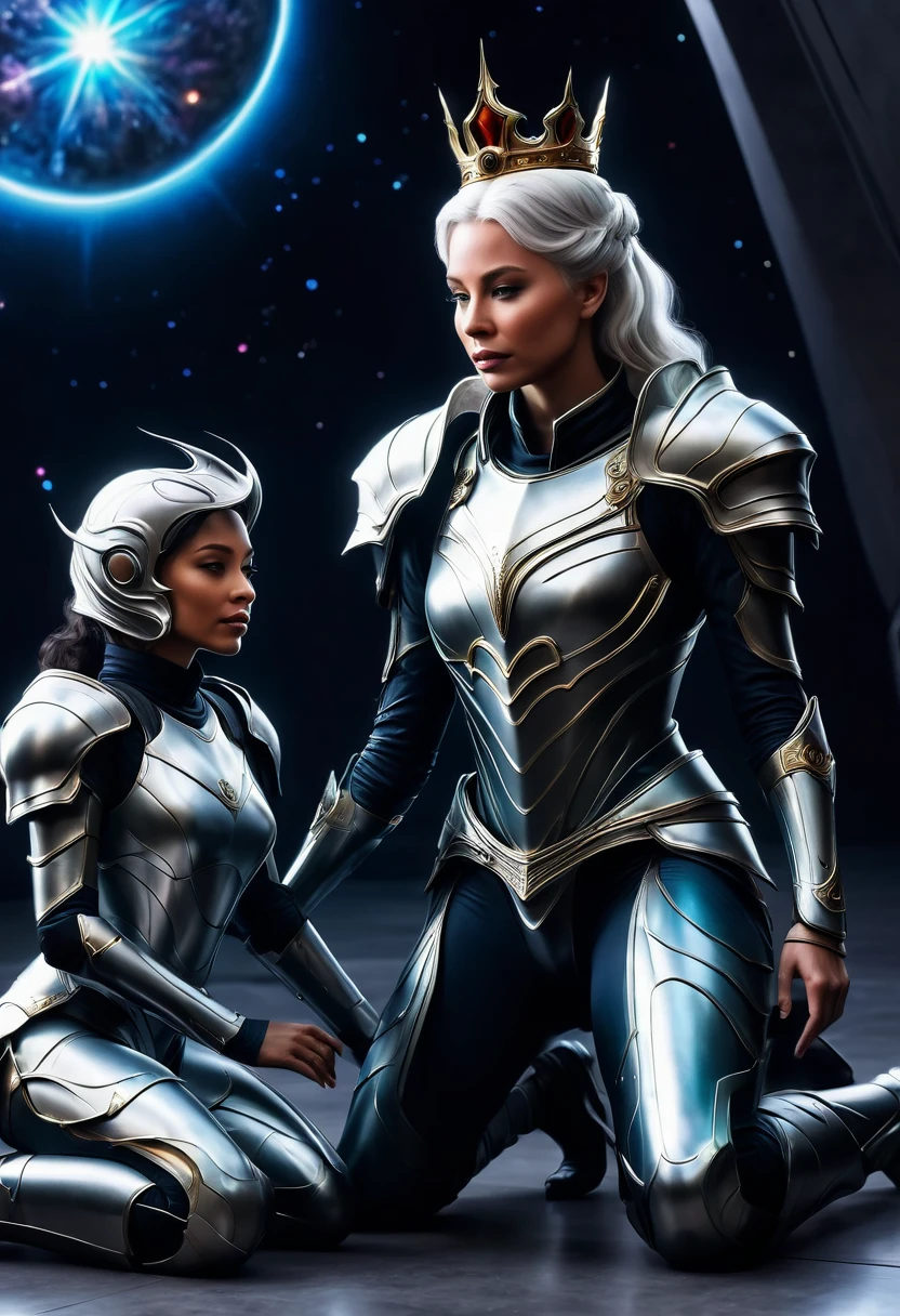 Dragon kneeling to a Queen in galactic armor, cinematic, ritch colors