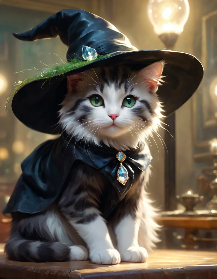 A cute cat greets the viewer, Pierre=Art by Auguste Renoir and Jeremy Mann, (Viewpoint angle:1.2), Realistic, Ray Tracing, Beautiful lighting,masterpiece,Witch Hat,Crystal Jade