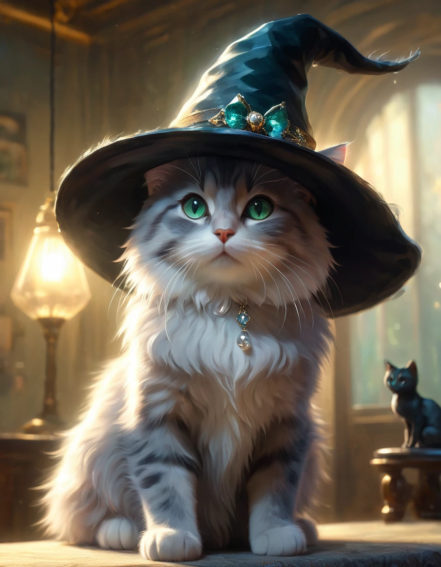A cute cat greets the viewer, Pierre＝Art by Auguste Renoir and Jeremy Mann, (Viewpoint angle:1.2), Realistic, Ray Tracing, Beautiful lighting,masterpiece,Witch Hat,Crystal Jade